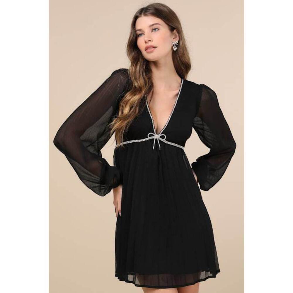 Lulus Stylish Shine Black Rhinestone Bow Long Sleeve Mini Dress - Size L